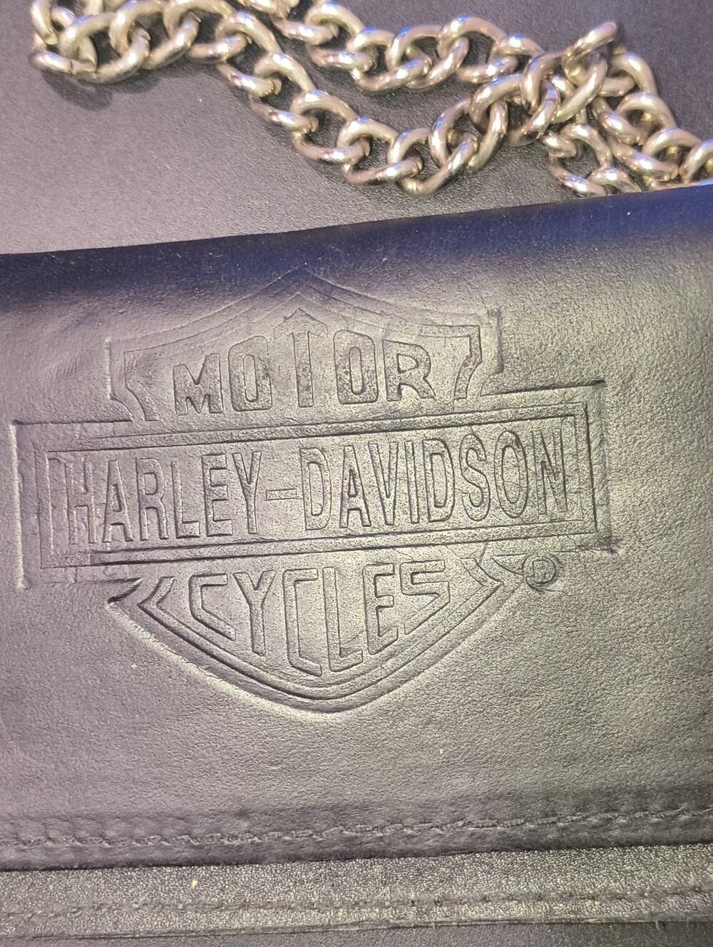 Harley-Davidson Black Leather Wallet with Silver Chain and Embossed Logo